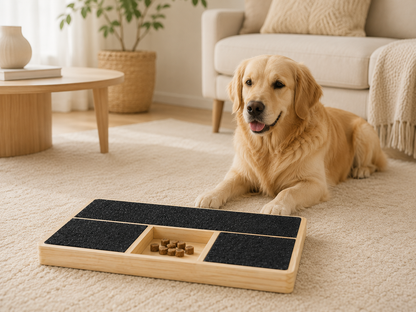 PawCare™ Scratch & Treat Board for dogs and cats with black sandpaper surface, designed for scratching and treats.
