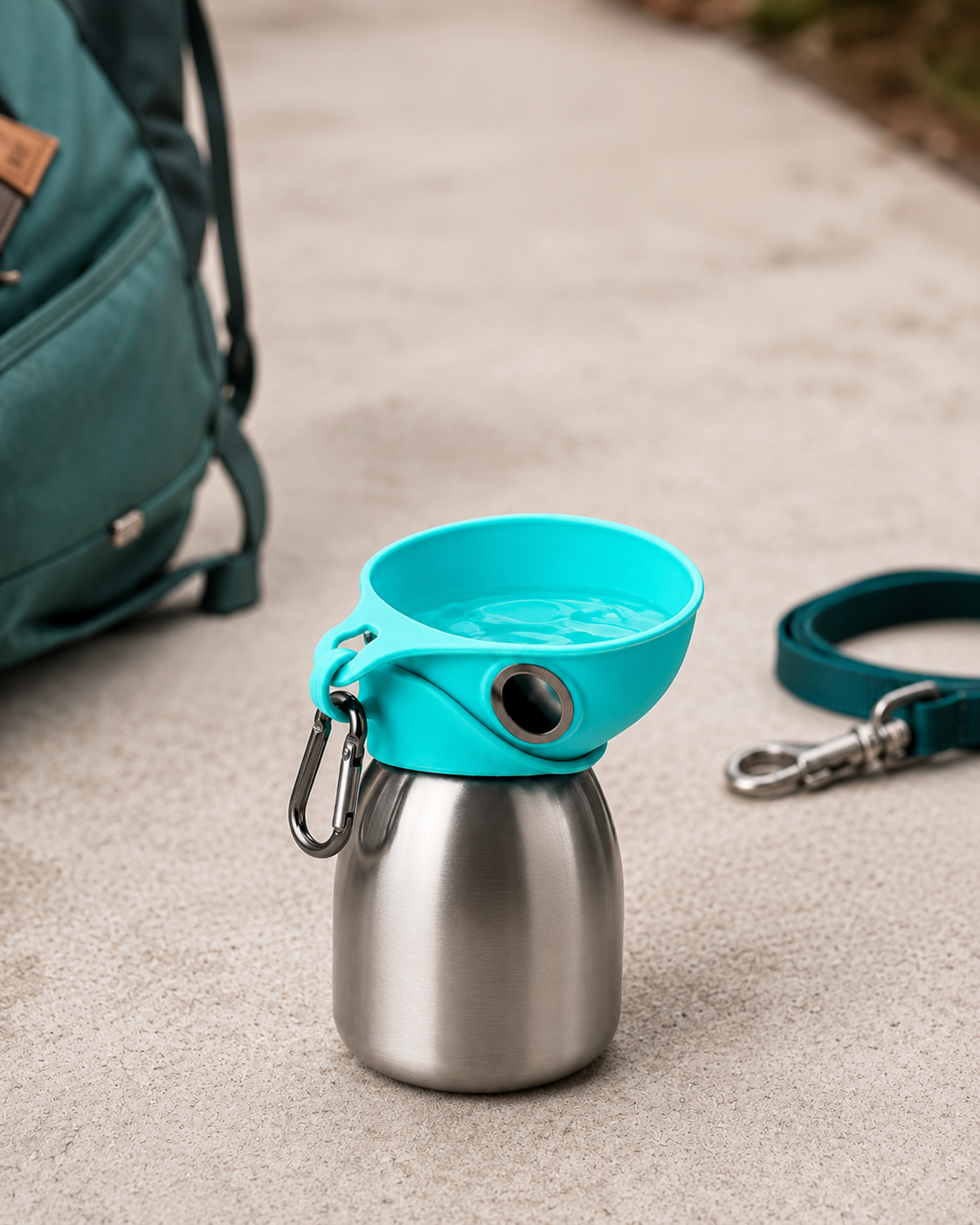 Blue PawCare™ portable dog water bottle with 285ml capacity, designed for travel and outdoor pet hydration.