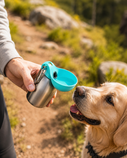 Blue PawCare™ portable dog water bottle with 285ml capacity, ideal for travel and outdoor pet hydration.