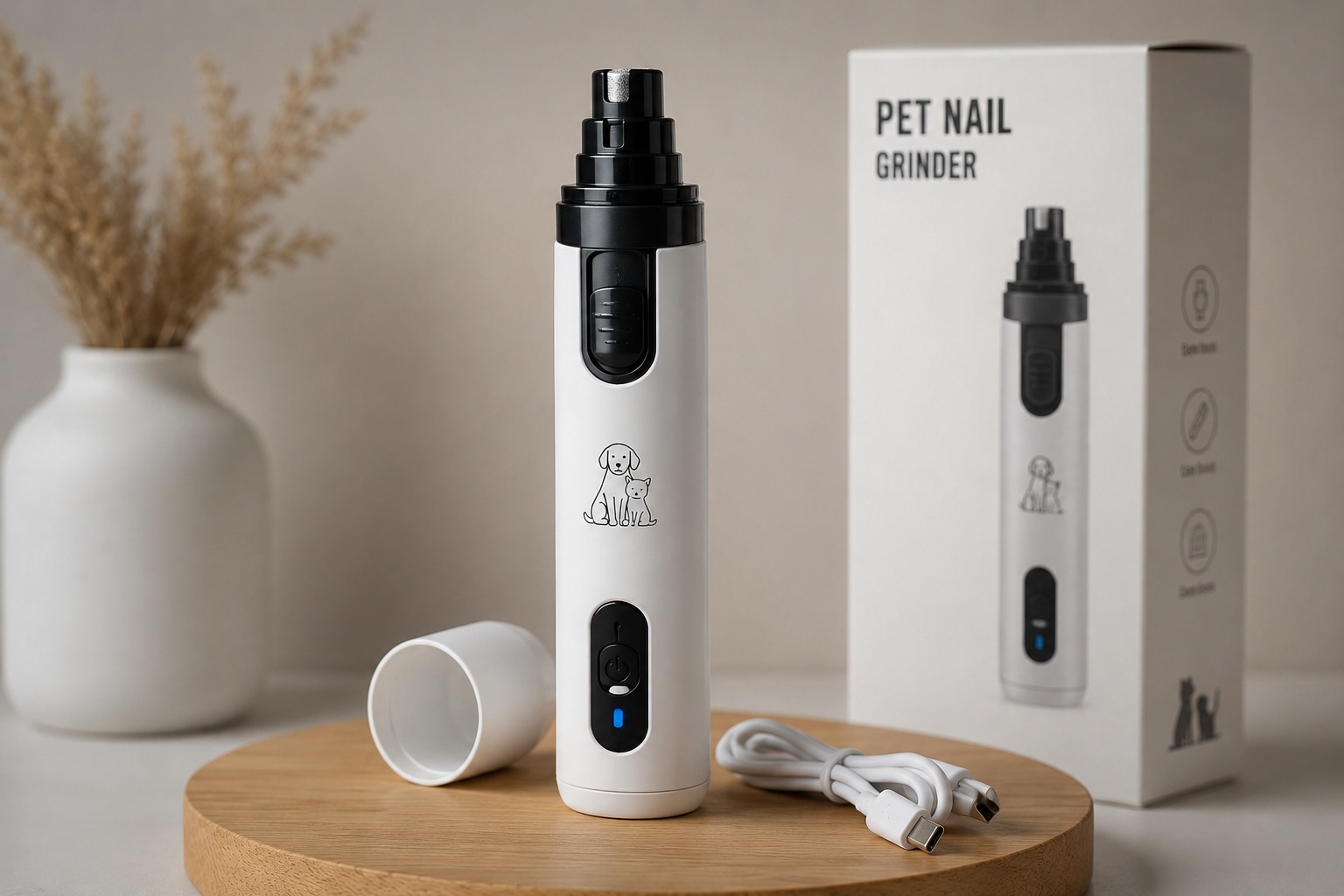Electric Pet Nail Grinder by PawCare™, safe and quiet nail trimmer for pets, shown with grinding attachment and ergonomic design.
