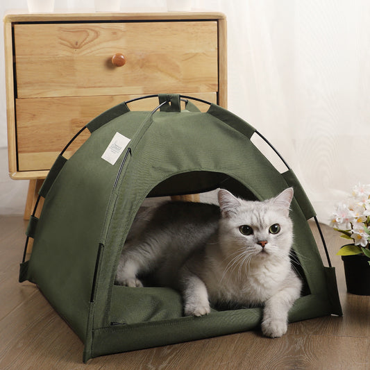 PawCare™ pet tent bed in military green, cozy cooling hideaway for dogs and cats, with soft fabric and enclosed design.