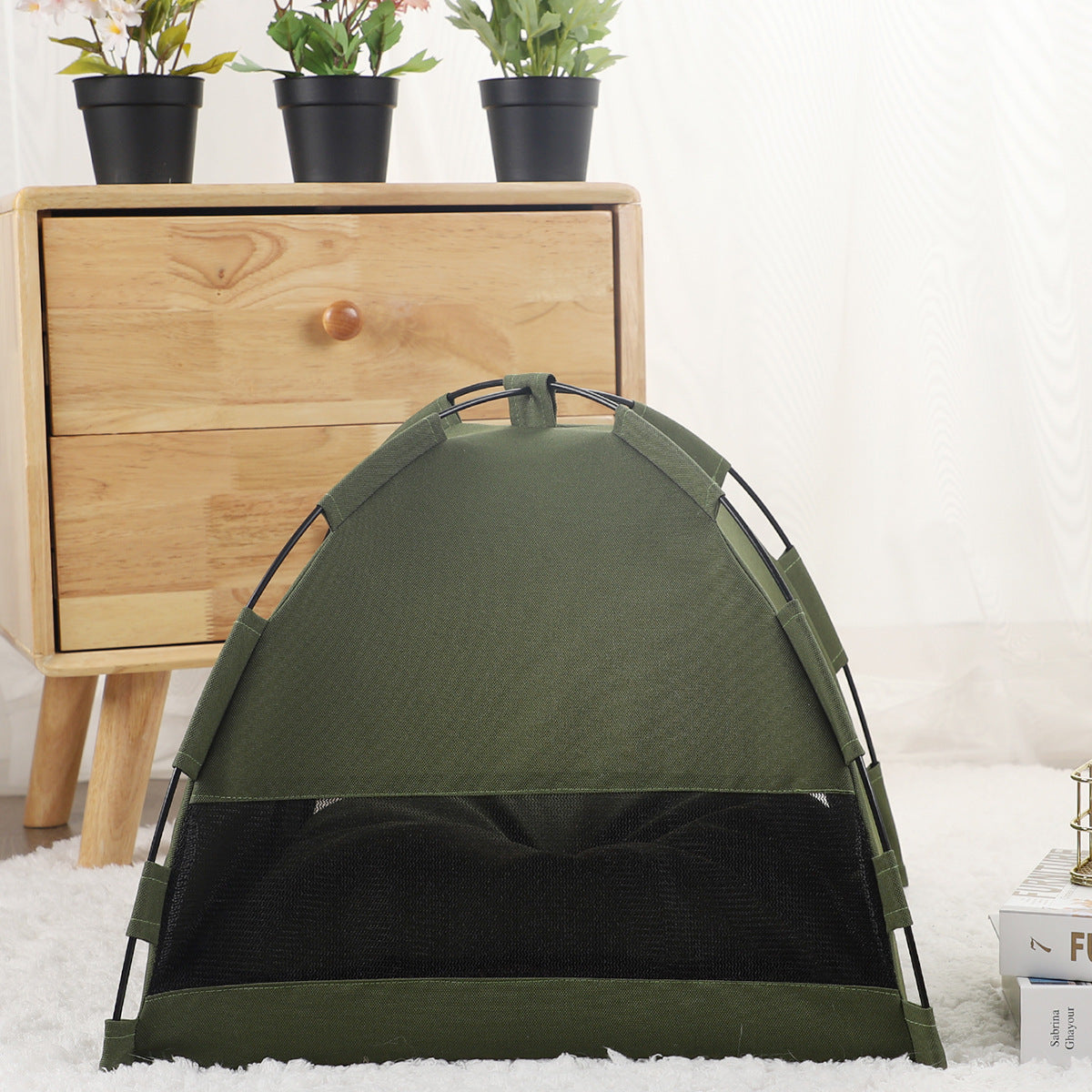 PawCare™ pet tent bed in military green, cozy cooling hideaway for dogs and cats, with soft fabric and enclosed design.