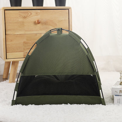 PawCare™ pet tent bed in military green, cozy cooling hideaway for dogs and cats, with soft fabric and enclosed design.