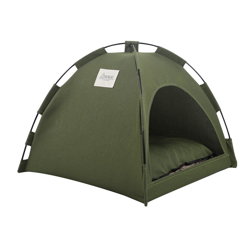 PawCare™ pet tent bed in military green, cozy cooling hideaway for dogs and cats, soft fabric with tent-style design.