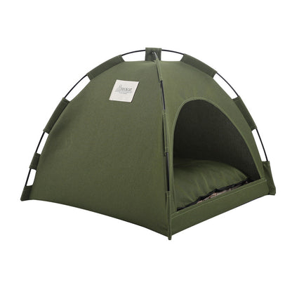 PawCare™ pet tent bed in military green, cozy cooling hideaway for dogs and cats, soft fabric with tent-style design.