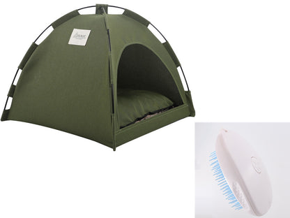 PawCare™ pet tent bed in military green, cozy cooling hideaway for dogs and cats, with enclosed sides for comfort and privacy.